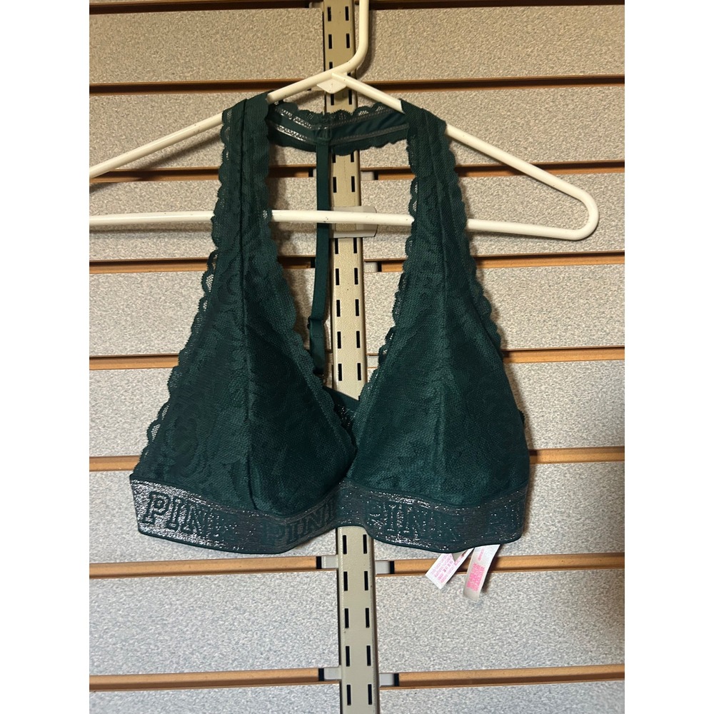 Victoria's Secret PINK Forest Green Lace Halter Bralette Silver Logo Band M